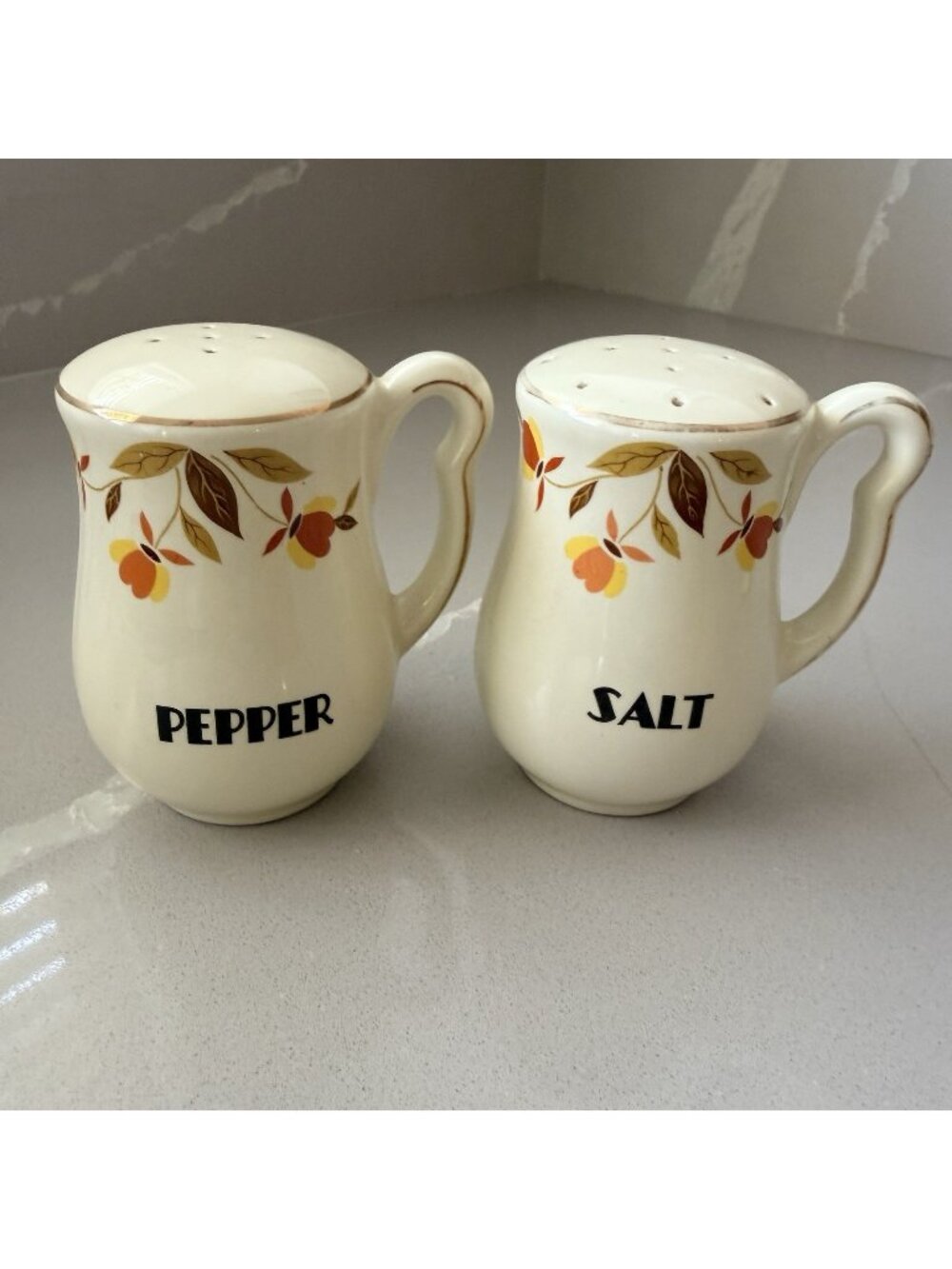 Vintage Hall China Autumn Leaf Jewel Tea Handled Salt and Pepper Shakers Set
